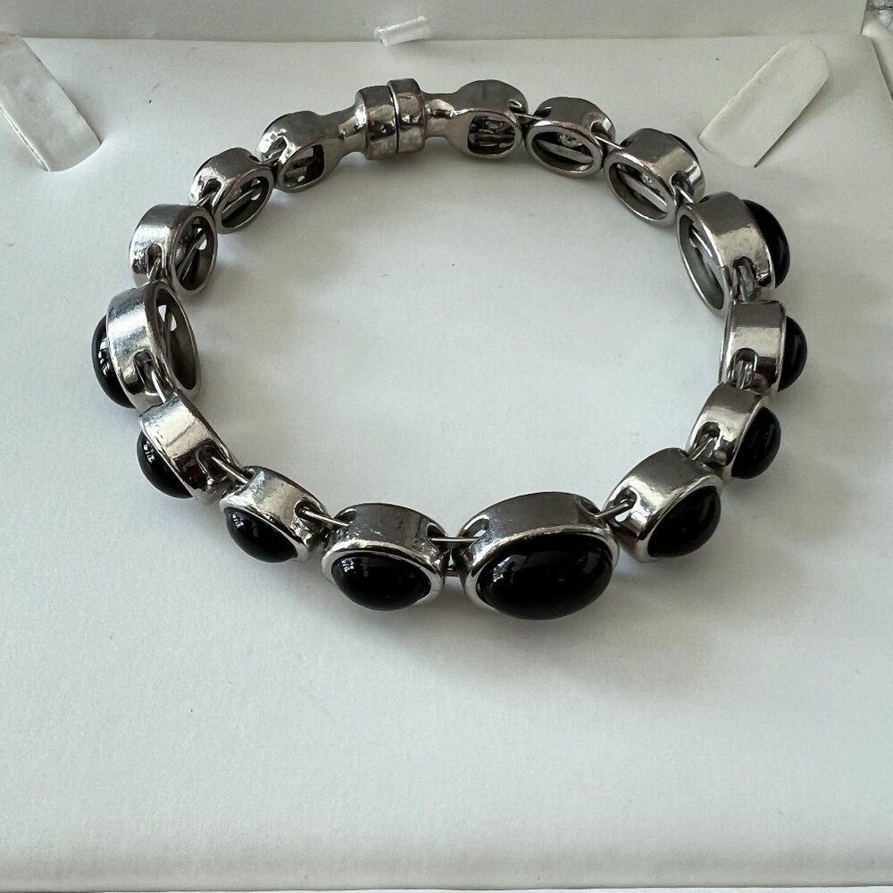 Vintage Modernist Black Onyx  Stainless Steel Link Bracelet – 7.5”